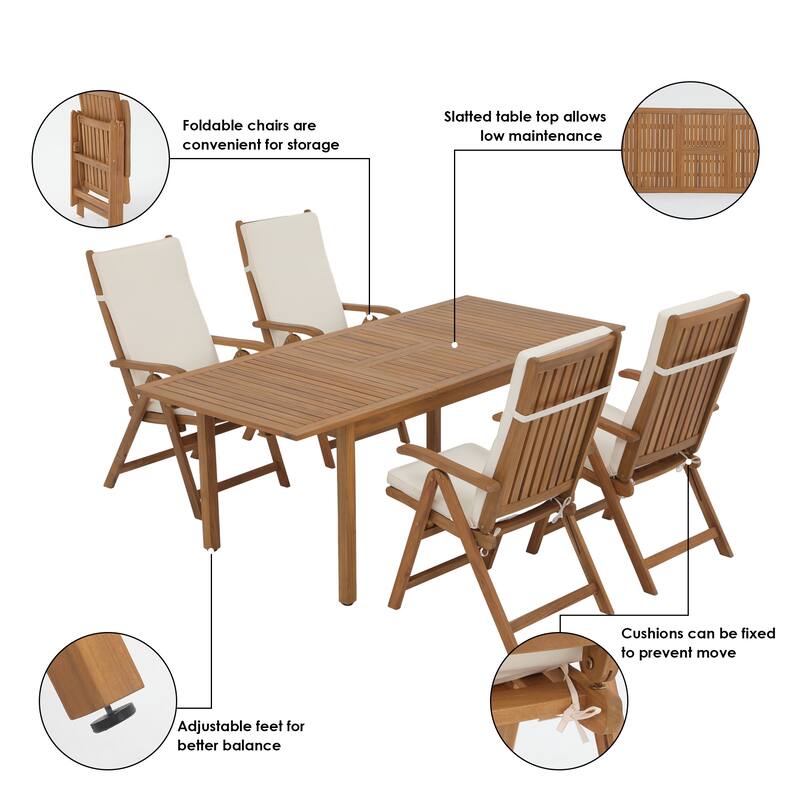 Outdoor 5 Pieces ACACIA Wood Dining Set Extendable Table