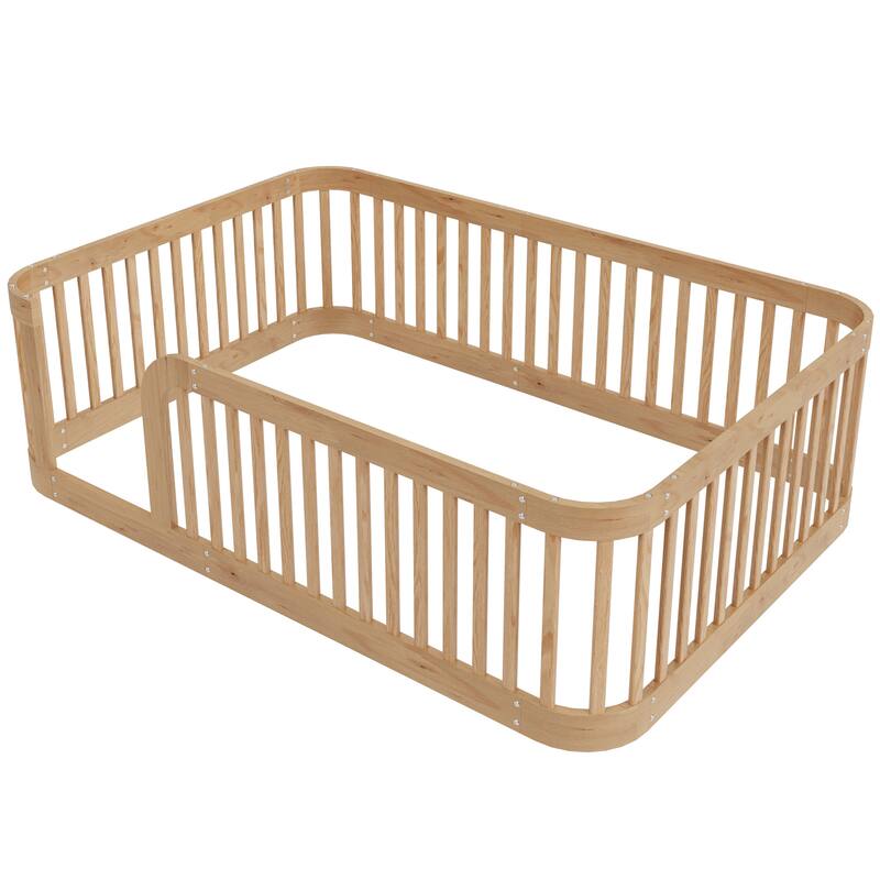 Floor Bed Frame with Fence, Montessori Toddler Bed, No Slats, No Doors, Rounded Corners Wooden Bed