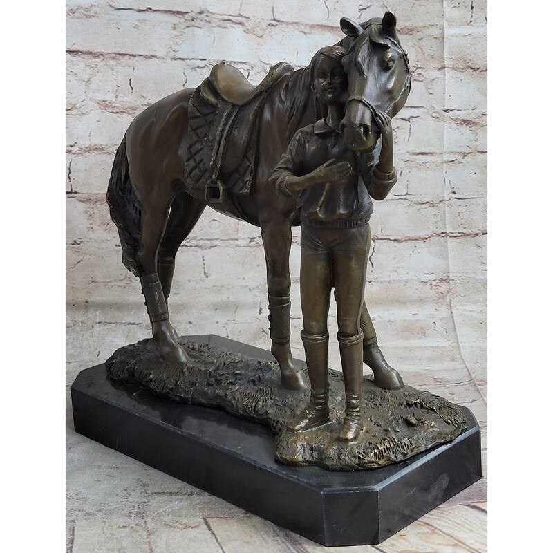 Equestrian Little Girl Child W/ Horse Bronze Statue Sculpture Figurine 11 Inches X 12 Inches