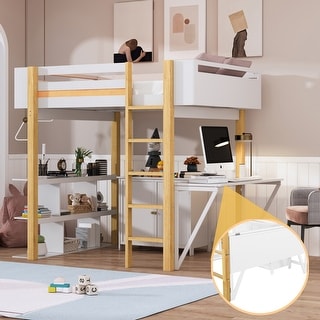 Twin Size Loft Bed with Built-in Storage Cabinet, Cubes & Foldable Desk, Solid Wood Loft Bed Frame for Kids Teens Adults