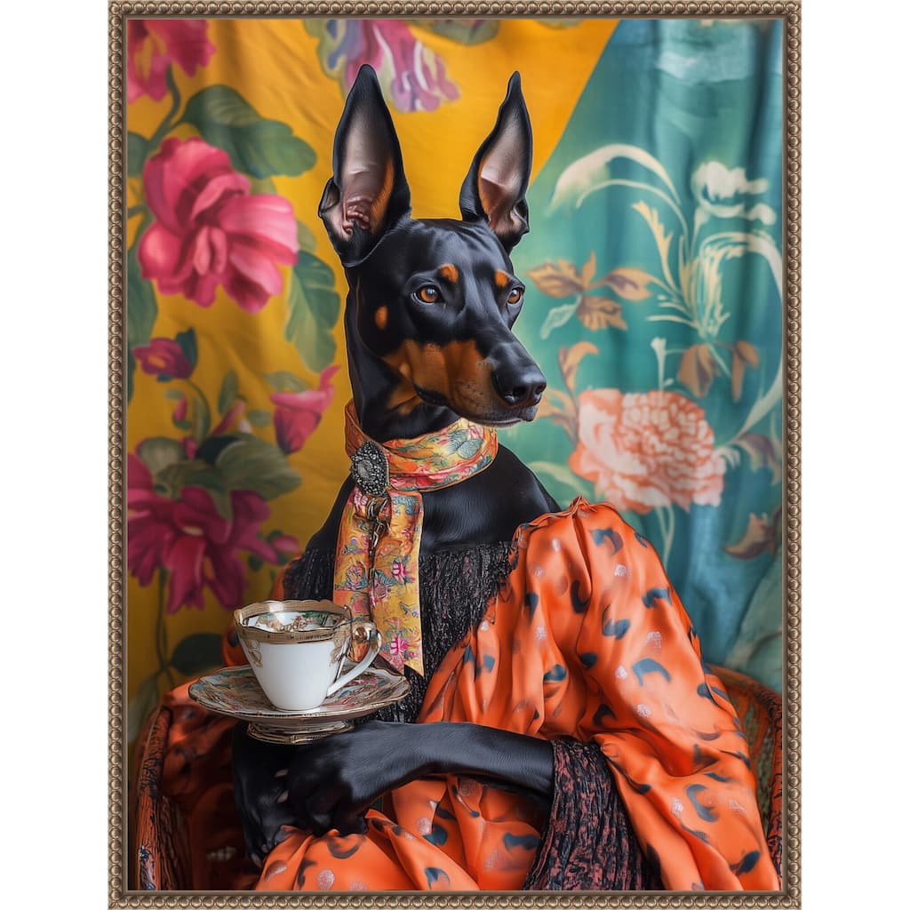 The Tea Connoisseur Doberman by Mowzu Framed Canvas Wall Art
