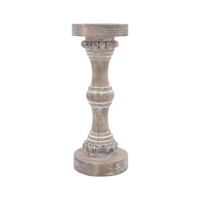 Wood, 13" Banded Bead Candle Holder, Antique White 13.0"H - 5.0" x 5.0" x 13.0"