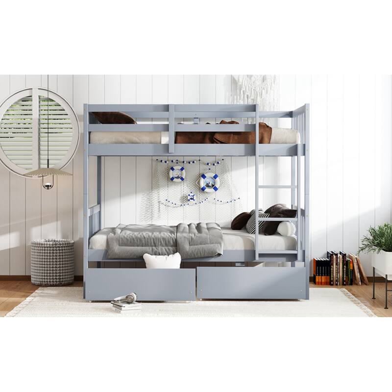 Roomfitters Twin Over Twin Rubber Wood Bunk Bed with Underbed Storage, Convertible to 2 Twin Beds, Ladder & Guardrails