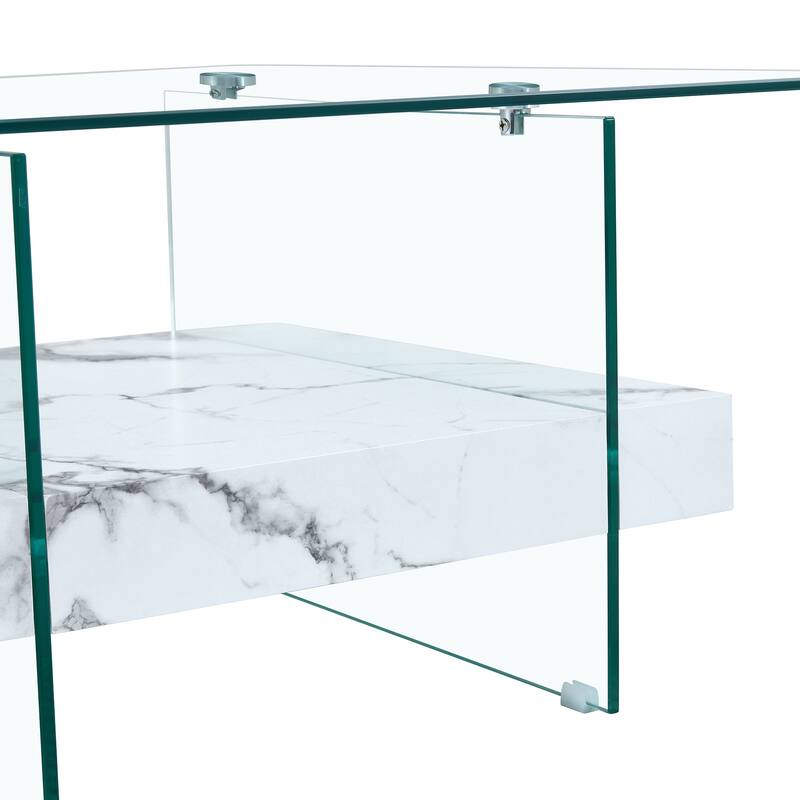 Roomfitters Square Glass Coffee Table with Walnut Finish, Two-Tier Modern Accent Table for Compact Spaces