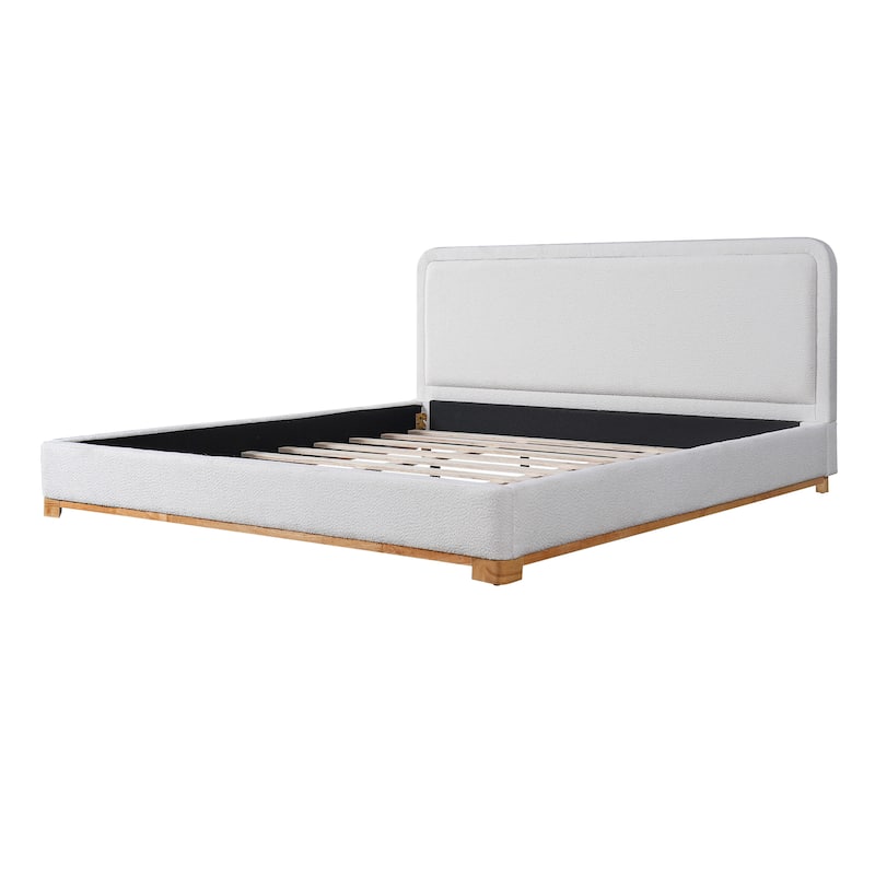Modern King Size Bed Frame with Curved Headboard, Boucle Upholstery, and Solid Wood Base