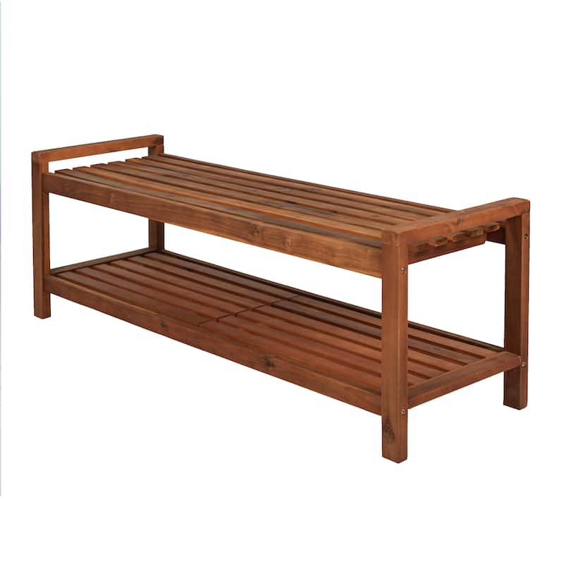 Lutyens 50.8" 3-Seat Mid-Century Modern 600-Lbs Support Acacia Wood Slat Outdoor Garden Patio Bench, Teak, by JONATHAN Y