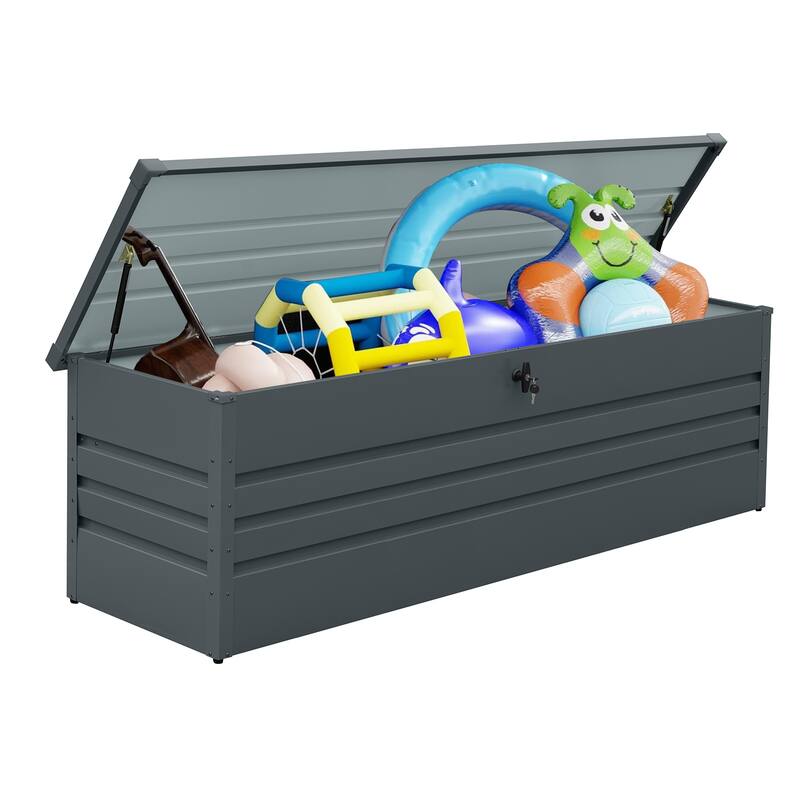 ​Grey Industrial Steel Storage Deck Box with Hydraulic Lid and Convertible Table for Patio Poolside