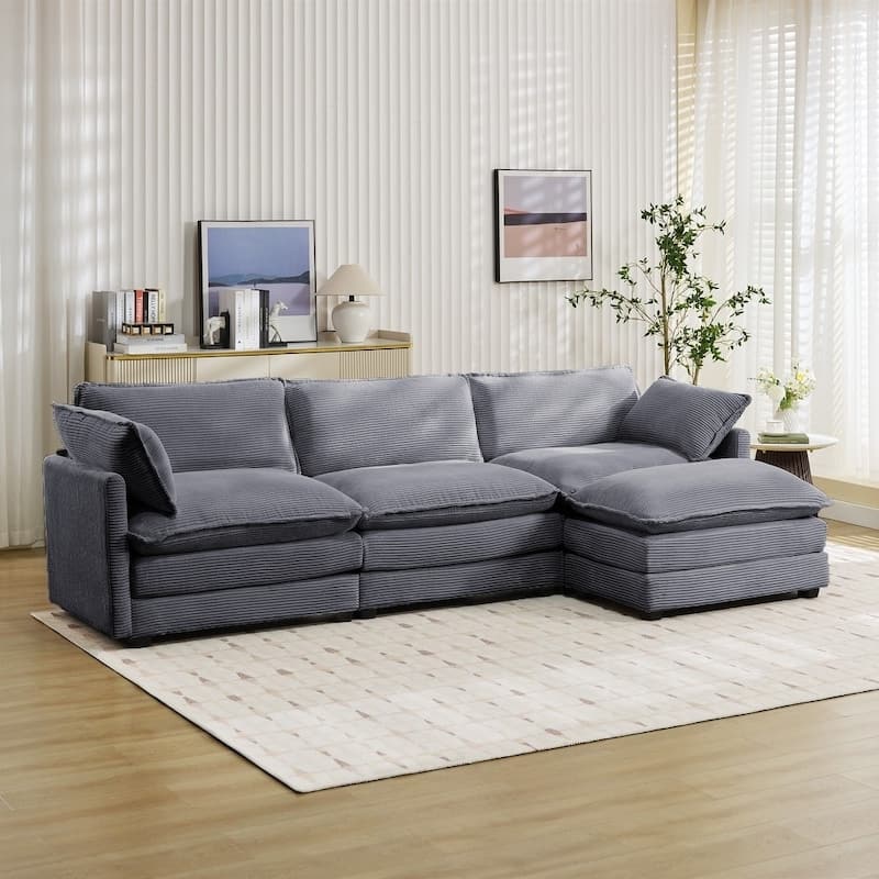 Oversized Modular Corduroy Sectional Sofa Set with Ottoman, 3-Seater / 4-Seater Deep Seat Lounge Couch for Living Room - Dark Grey 3 Seat - Reversible
