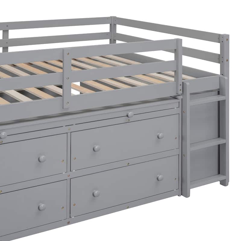 Full Size Loft Bed with Retractable Writing Desk and 4 Drawers, Wooden Loft Bed with Lateral Portable Desk and Shelves, Gray