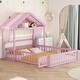 preview thumbnail 1 of 14, Full Size Montessori Floor Platform Bed wFence and Door, Integrated Clothes Drying Rack, House-Shaped Headboard Bed, Pink Pink - Full