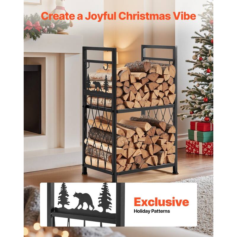 2 Tier Black Wrought Iron Firewood Storage Rack with Reinforced Corners and 4 Fireplace Tools - 17.72” x 12.40” x 16.34”
