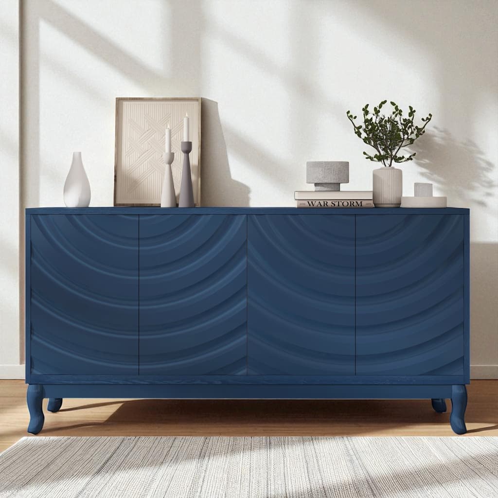 Elegant Four-Door Sideboard with Wavy Pattern Doors and Arched Groove Design, Adjustable Storage for Study & Entryway