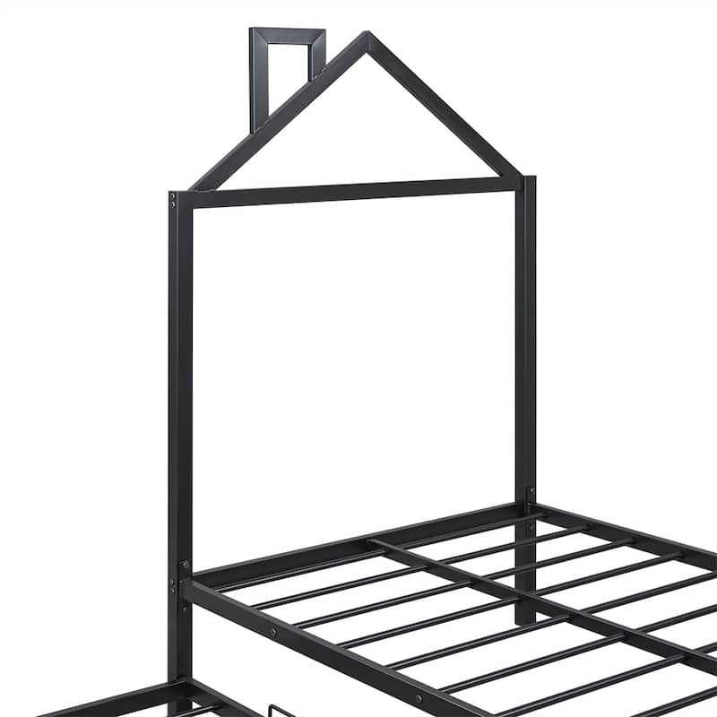 Twin Size House Shaped Metal Platform Bed with Drawers