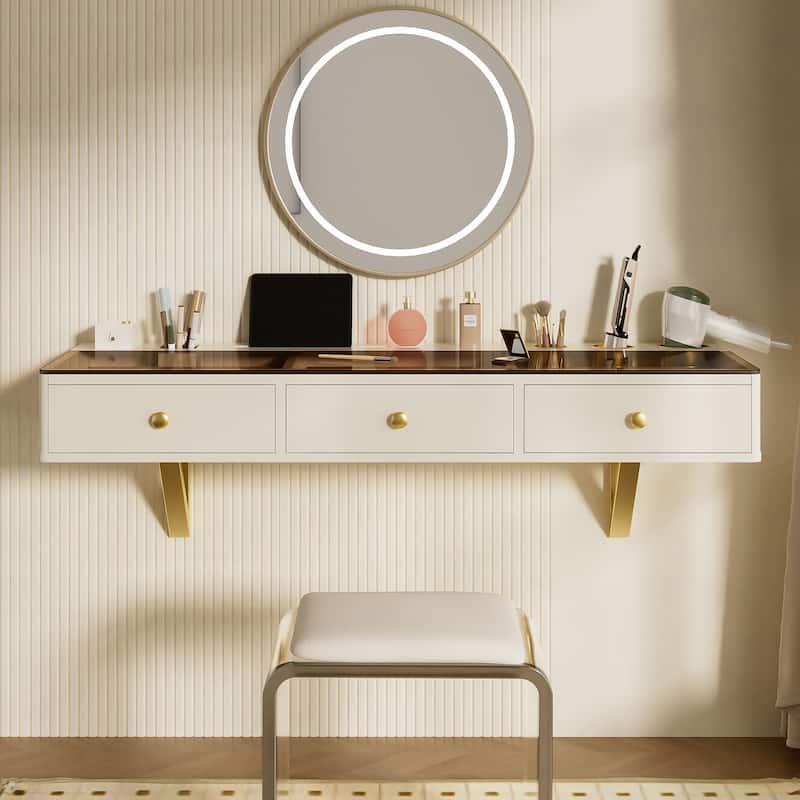 47 inch Floating Shelf with Drawer Multi Purpose Wall Mounted Vanity Table White Golden