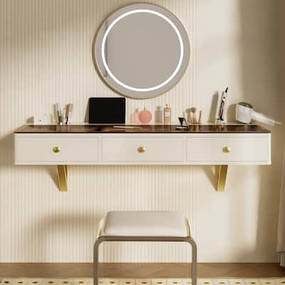 Roomfitters 47-Inch Floating Shelf with Drawer, Multi-Purpose Wall-Mounted Vanity Table or Desk for Bedroom, White and Gold