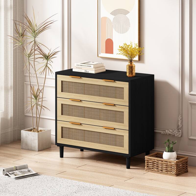 Black 3-Drawer Rattan Storage Cabinet - Versatile for Bedroom, Living Room, Dining Room, and Hallways - Measures 31.50"