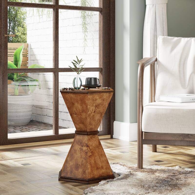 COZAYH Rustic Hexagonal Accent Table, Sculptural Hourglass-Shaped Side Table with Geometric Base, Brown