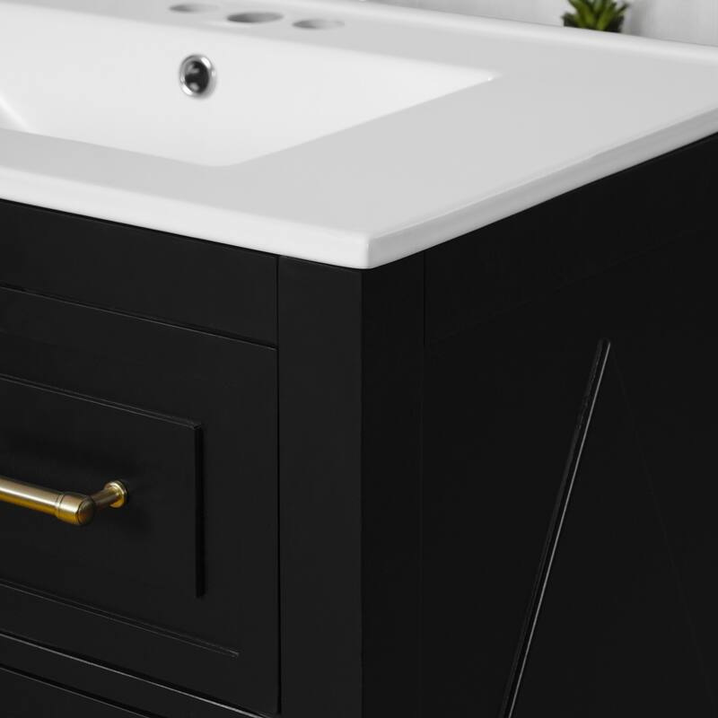 30" Bathroom Vanity with Ceramic Sink, 3 Drawers, Solid Wood Frame,Retro Cabinet, Pre-Drilled for 4" Faucet, Storage Organizer