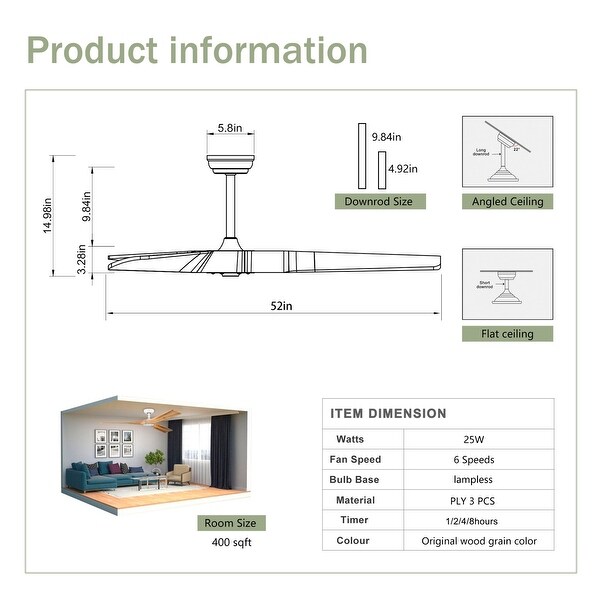 Oaks Aura 52-inch Modern Farmhouse Ceiling Fan Without Light, 6