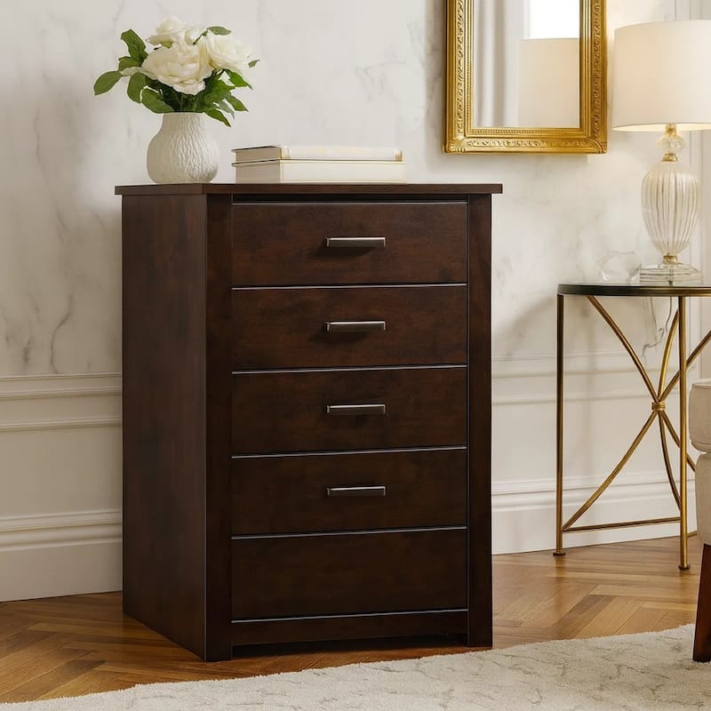 Wooden Chest with Five Drawers, Mahogany Brown