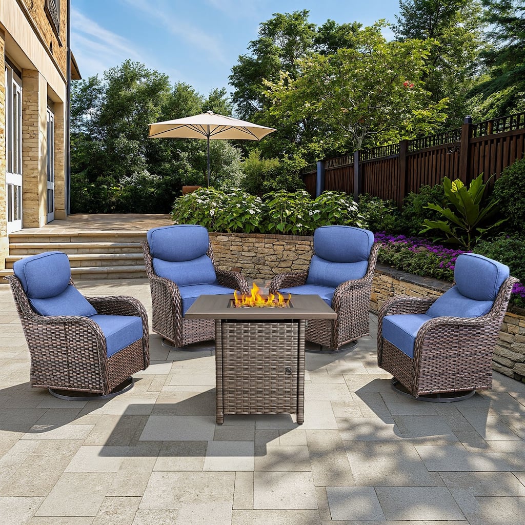 Arcadia 5-Piece Patio Conversation Set with 4 Swivel Glider Chairs and Wicker Square Fire Pit