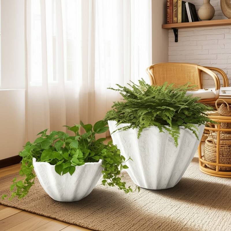Pottery Planters Scalloped Edge Home Garden (Set of 2) - 15/18" White - 18.25" x 18.25" x 9.75" - White - 18.25" x 18.25" x 9.75"