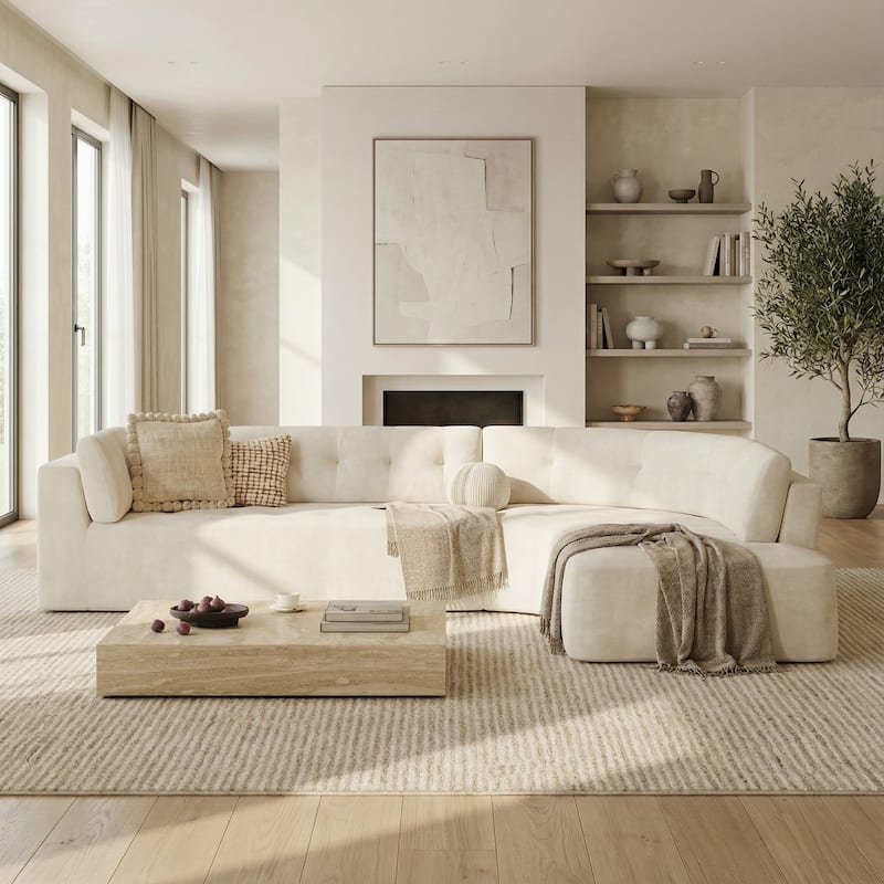 Christopher Knight Home - Modern L-Shaped Corner Sectional Sofa, Fully Upholstered Arms, Curved Right-Hand Facing, Tufted Design - Beige