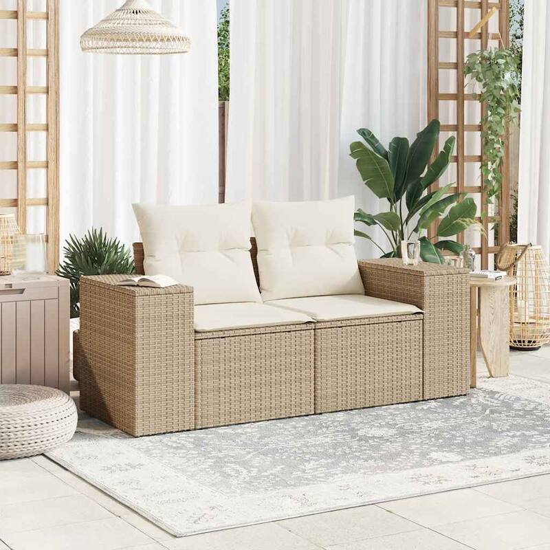 vidaXL Patio Sofa with Cushions 2-Seater Modular Couch Loveseat Poly Rattan - 24.4 x 73.2 x 27.2 in