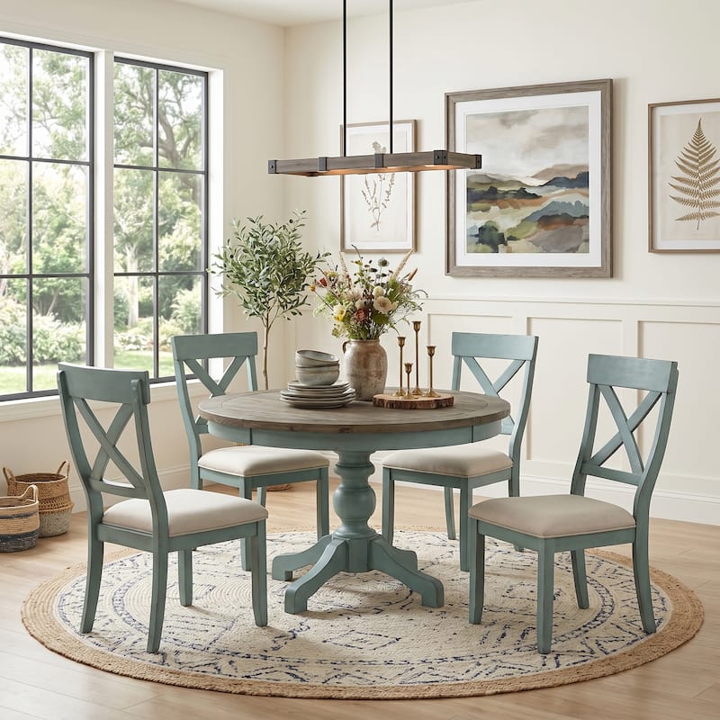 Roundhill Furniture Prato Round 2-tone Blue and Brown Wood Dining Table