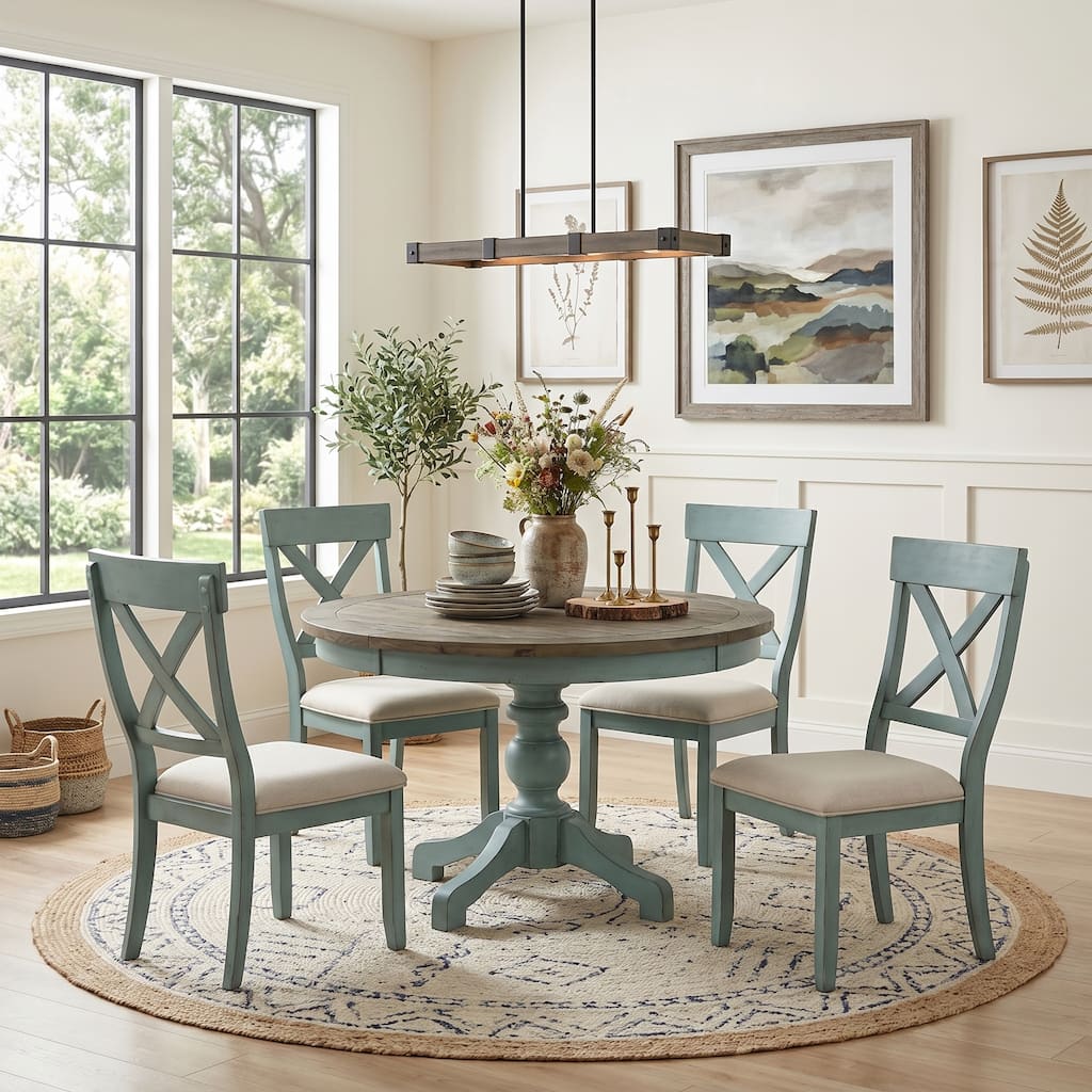 Roundhill Furniture The Gray Barn Spring Mount 5-piece Round Dining Table Set with Cross Back Chairs