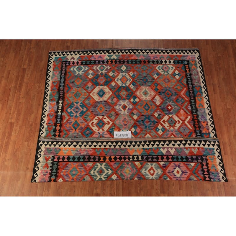 Orange Nomadic Kilim Oriental Area Rug Flatweave Wool Carpet - 8'7"x 9'6"