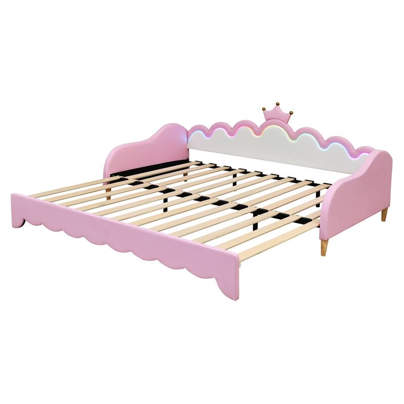 Twin Size Extending Daybed with LED Lights, Modern Upholstered Kids Princess Bed Frame With Crown Decor