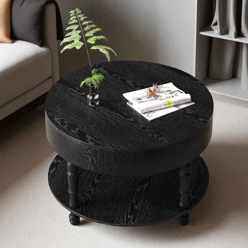 31.5" Round Coffee Table with Dual Storage, Modern 2-Tier Wood Accent Table with Hidden Compartment & Adjustable Feet