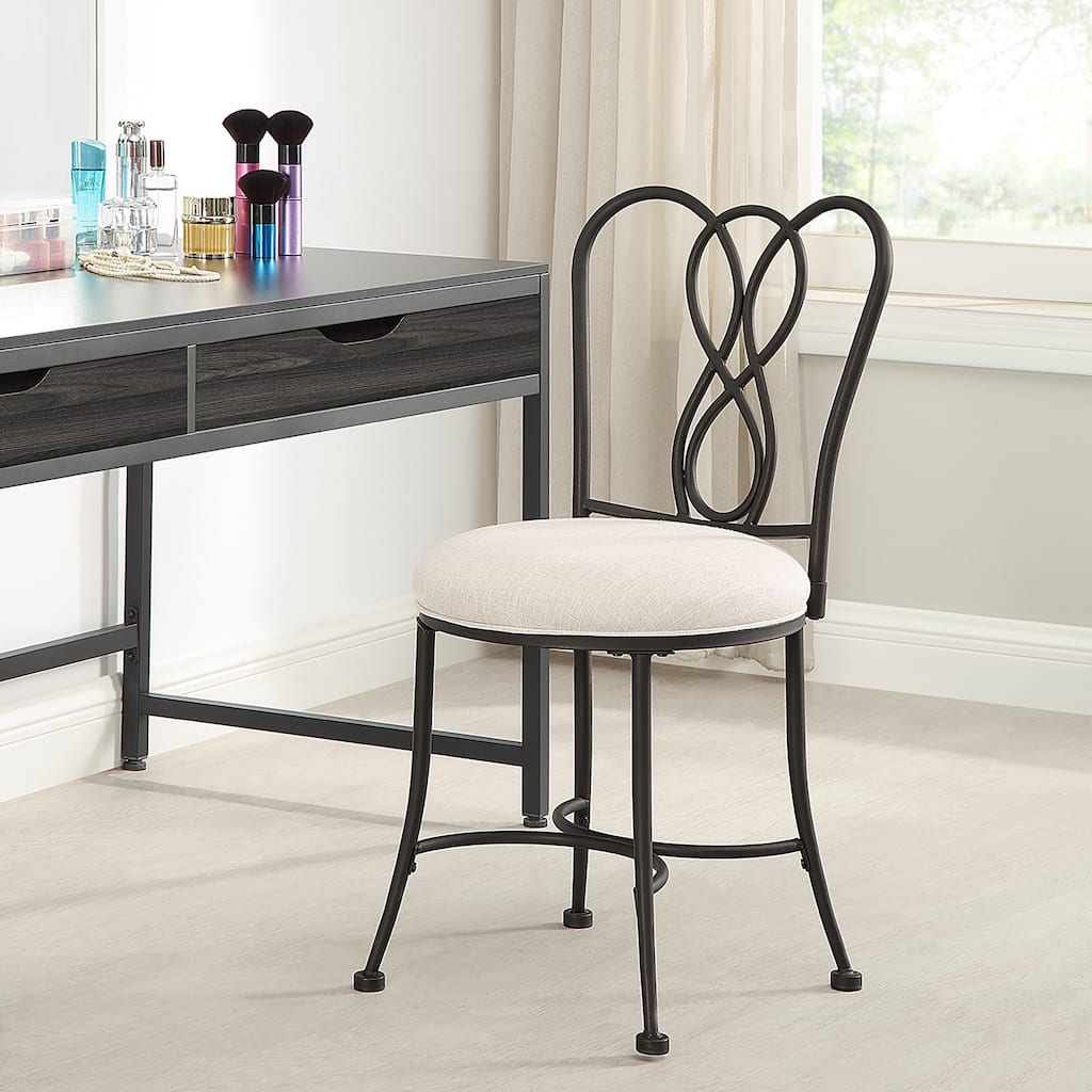 Azalea Park Bronze Ornate Iron Upholstered Vanity Stool - Bronze & Creamy White - 15.94 W x 18.7 D x 32.48 H"
