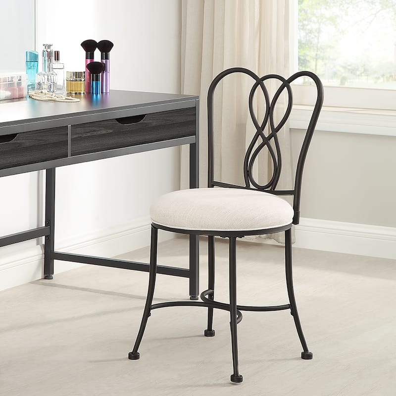 Azalea Park Bronze Ornate Iron Upholstered Vanity Stool - Bronze & Creamy White - 15.94 W x 18.7 D x 32.48 H"