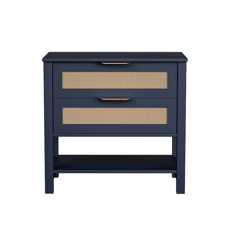 Rattan Nightstand with 2 Drawers and Storage Shelf Boho Bedside Narrow Side Table for Bedroom - Navy Blue