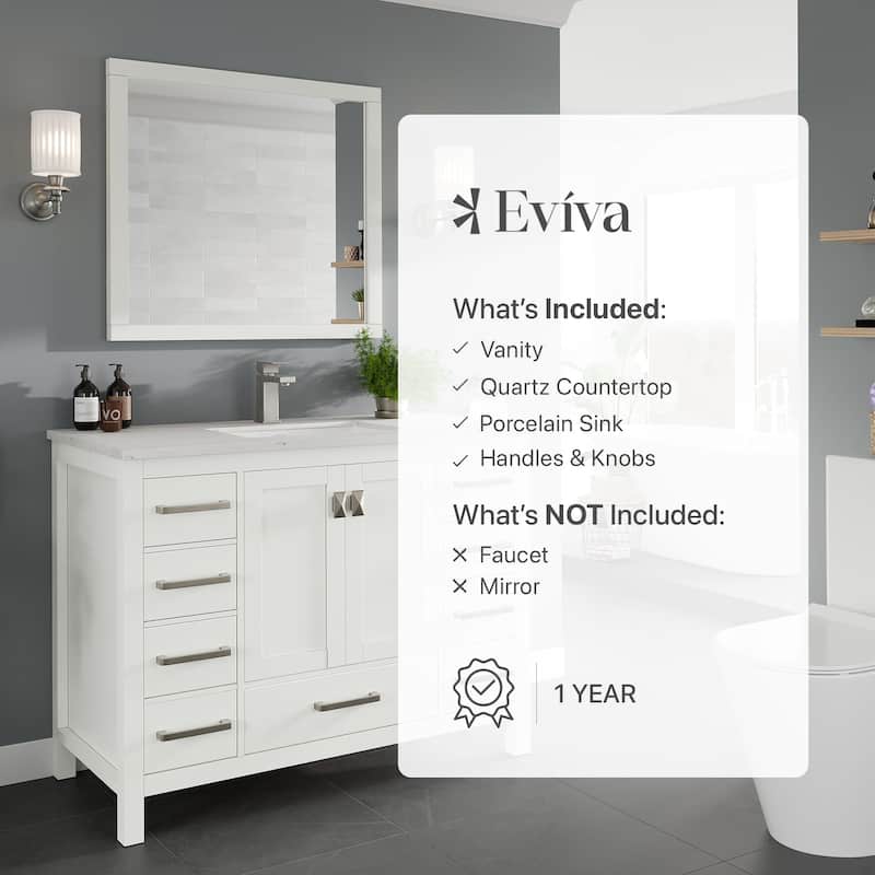 Eviva London 42"W x 18"D White Bathroom Vanity with Carrara Quartz Countertop and Undermount Porcelain Sink - 42"