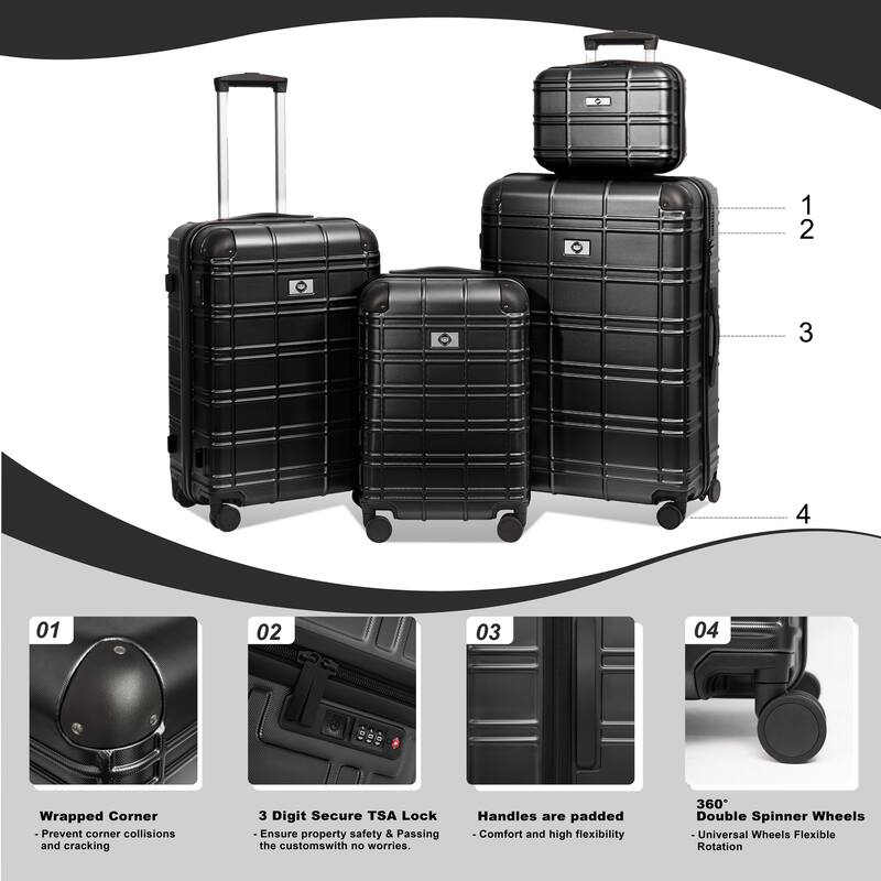 Luggage Sets ABS+PC Hardshell 4pcs Luggage Hardside Lightweight Durable Suitcase sets Spinner Wheels (12/20/24/28)