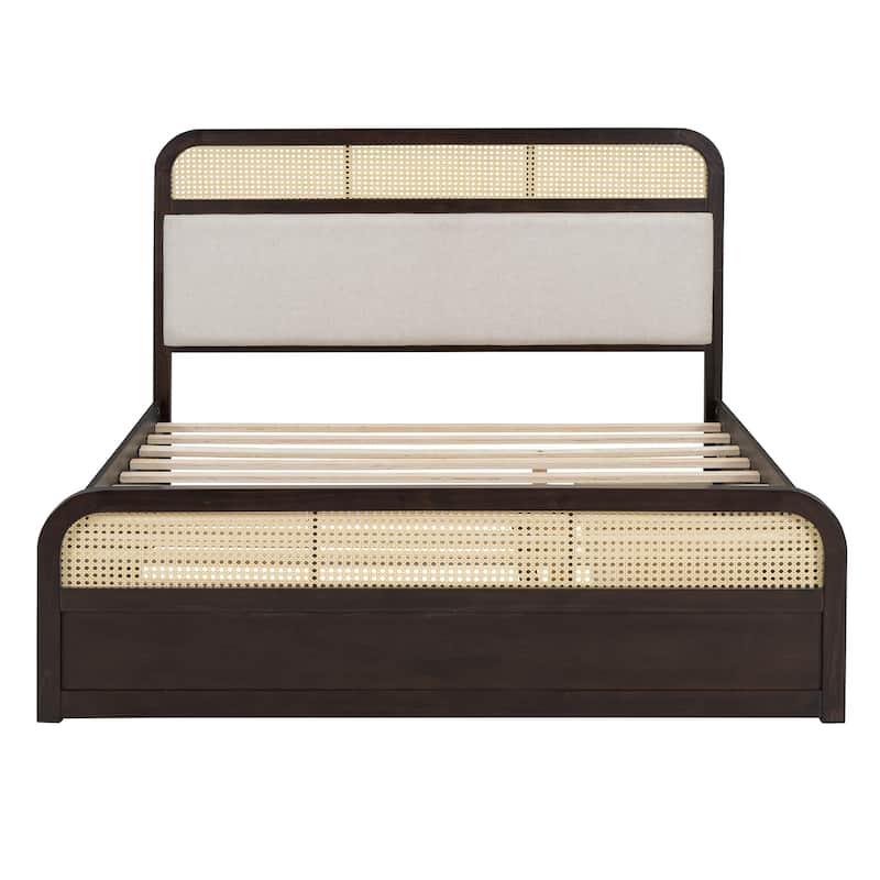Boho Cane Wooden Platform Bed Queen Storage Bed with Wooden Headboard, Trundle and 2 Storage Drawers