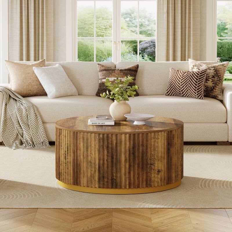 Round Coffee Table, Fluted Wooden Center Table, Mid Century Modern Table for Living Room or Office
