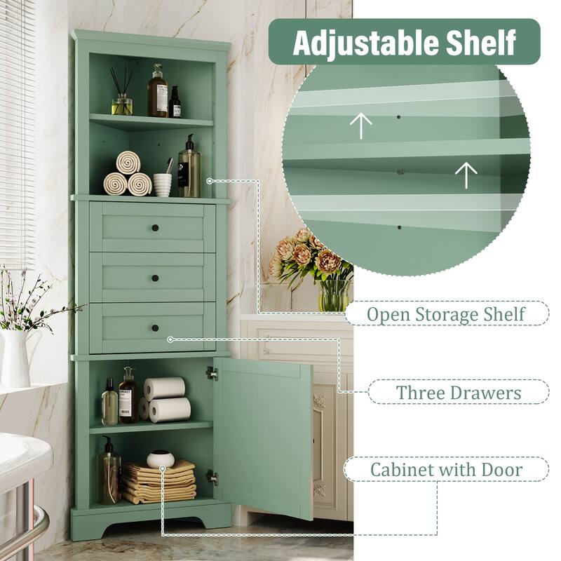 Triangle Tall Cabinet with 3 Drawers and Adjustable Shelves for Bathroom,
