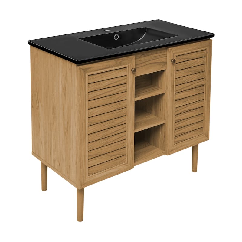 Bron 36 In. Brown Oak Bathroom Vanity With Black Ceramic Sink Top