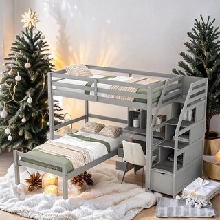 Elegant Style Twin Size Loft Bed with a Stand-alone Bed, Storage Staircase, Desk, Shelves and Drawers, Solid Construction, Gray