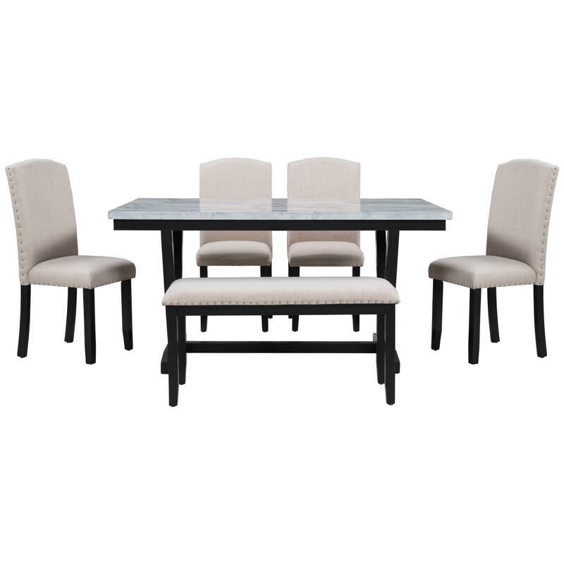 6-Piece Wooden Dining Table Set with Faux Marble Top, 4 Chairs & Bench