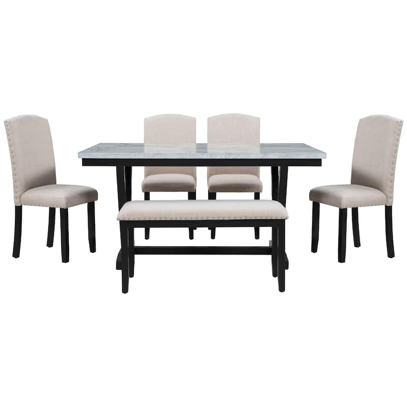 Modern 6-Piece Wooden Dining Table Set with Faux Marble Top & 4 Chairs