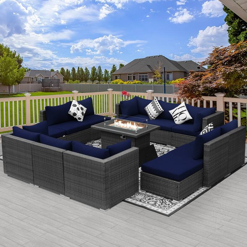 FINCATI Outdoor Grey Wicker Sectional Furniture Patio Sofa Set with Firepit Table - 13 Pieces - Navy Blue