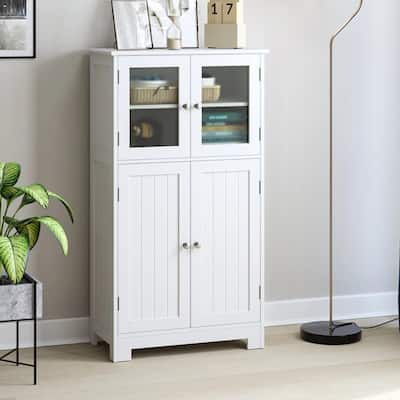 Floor White Wooden Linen Cabinet with Shelves and Doors, Kitchen Cupboard
