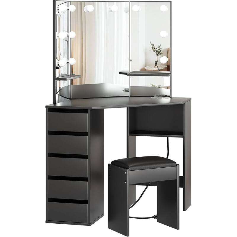 Vanity Desk with Mirror and Lights, Corner Makeup Vanity Desk