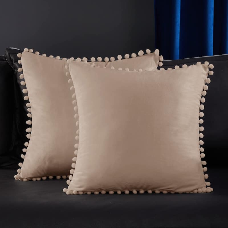 Deconovo Set of 4 Velvet Pom-Pom Pillow Covers Multiple Sizes - 18x18 Inch - Light Khaki