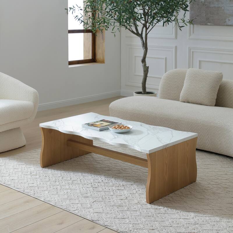 47.24" Whisper of Waves Modern Coffee Table, White Faux Marble Table Top, Solid Wood Veneered Base, Accent Table - Natural Wood